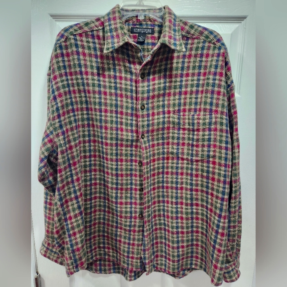 Vintage 90s Structure heavy weave button up. XL, distress. 1950s style